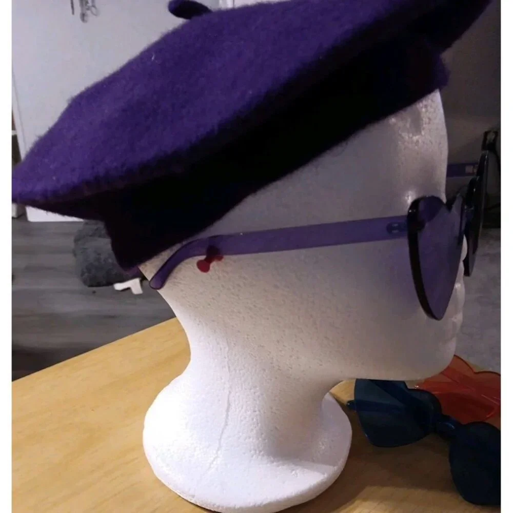 Purple Beret Wool Blend Hat One Size Matching Purple Heart Sunglasses-Decorative